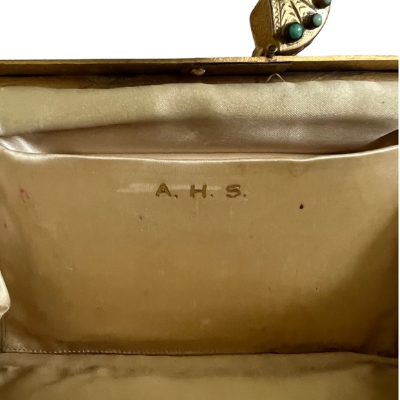 Vintage Floral Tapestry Clutch Bag Gemstone Closure with Original Compact Mirror - Picture 12 of 15